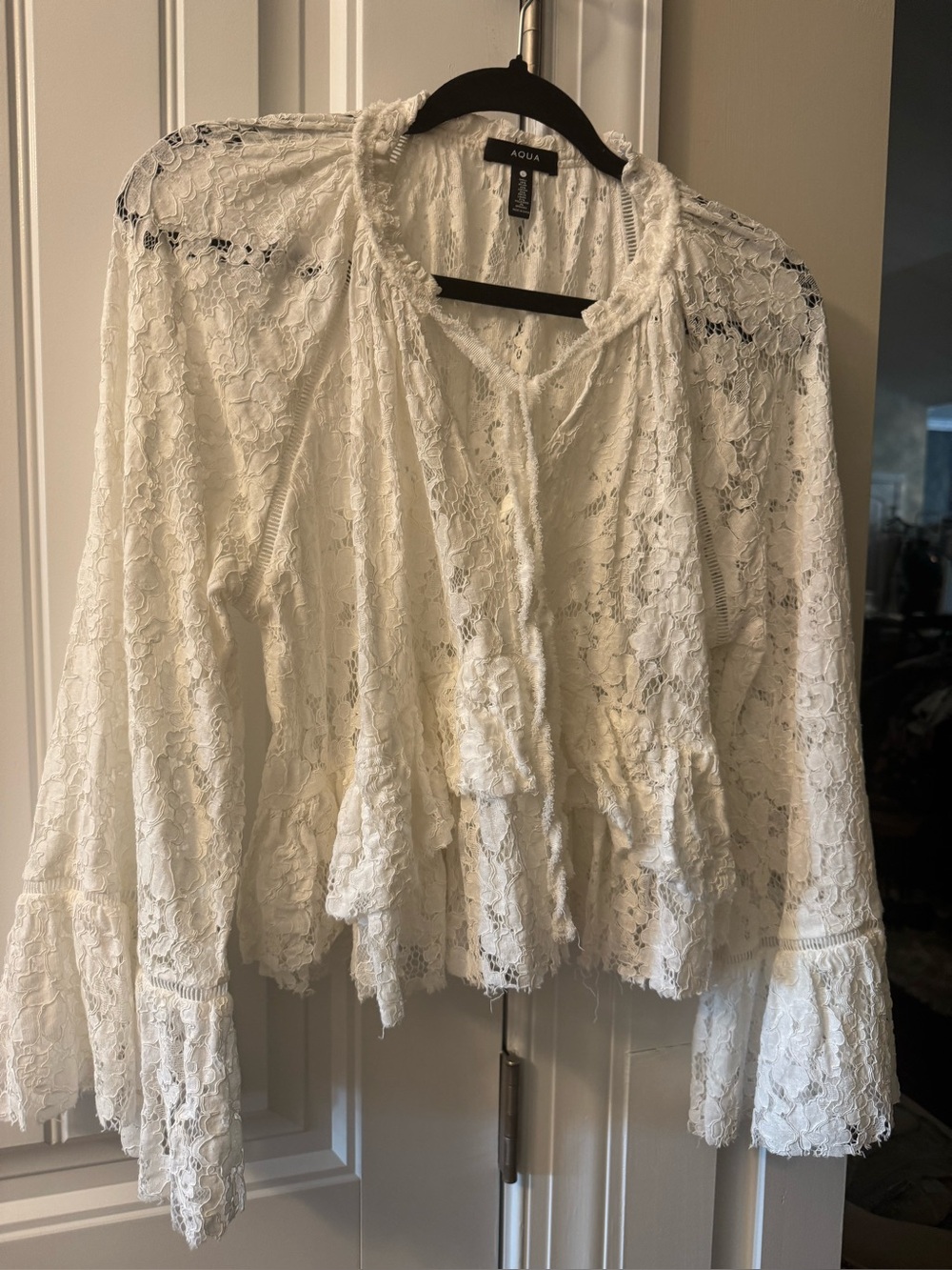 Aqua White Lace Ruffle-Tier Peasant Blouse